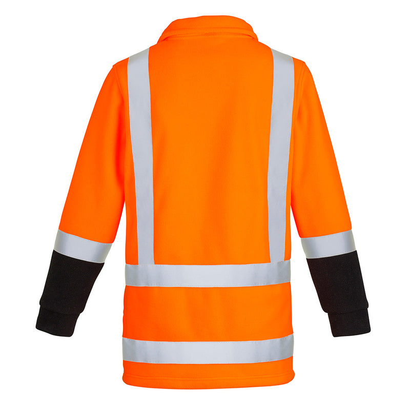 Load image into Gallery viewer, Syzmik TTMC-W23 Fleece Jumper featuring a reflective tape in H configuration, back view highlighting comfort cuffs and half zip, ideal for New Zealand road compliance and cold weather protection.