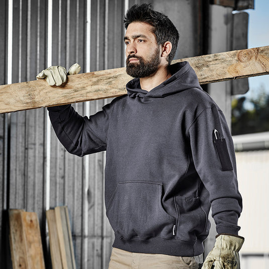 Syzmik Multi Pocket Fleece Lined Hoodie featuring a safety drawstring, woven arm pen pocket, quick-close hip pockets, kangaroo pockets, and reinforced bar tacks, ideal for safety and comfort in demanding environments.