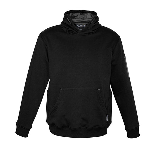 Syzmik Multi Pocket Fleece Lined Hoodie with reinforced stress points, featuring safety drawstring, woven arm pen pocket, angled side hip pockets, kangaroo pockets, and ribbed knit hem and cuffs, ideal for workplace safety.