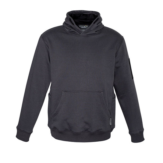 Syzmik Multi Pocket Fleece Lined Hoodie featuring a safety drawstring, woven arm pen pocket, two angled side pockets, kangaroo pockets, and ribbed knit hem. Ideal for safety-conscious, active work environments.