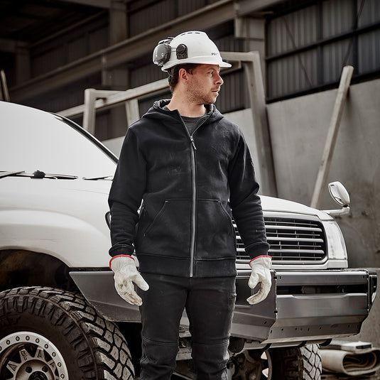 Syzmik Unisex Zip Front Multi-Pocket Hoodie, featuring multiple pockets for tools and phones, a full zip, mesh hood lining, and reinforced stress points, ideal for safety and work environments.