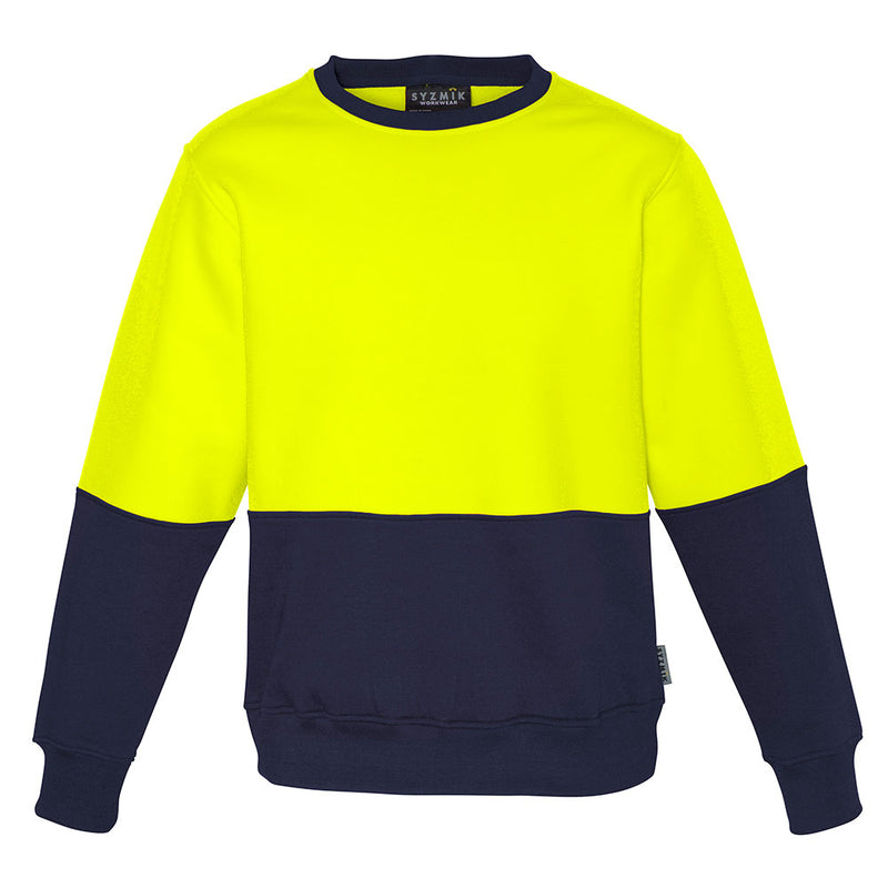 Load image into Gallery viewer, Syzmik Unisex Hi Vis Crew Sweatshirt features a high-visibility fluorescent yellow upper contrasting with a dark navy lower section, crafted from warm, low-pill 320 GSM polyester fleece, ideal for safety-focused workplaces.
