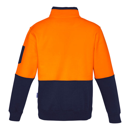 Syzmik Hi Vis Half Zip Pullover Jumper featuring a half zip, kangaroo pockets with zips, and a pen partition on the arm, ideal for cold, active safety environments.