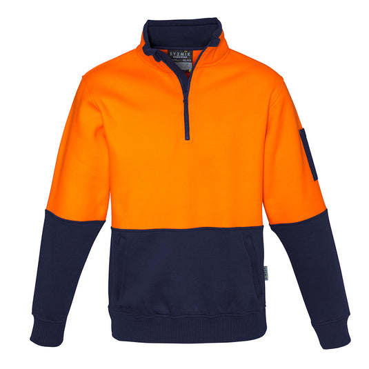 Syzmik Hi Vis Half Zip Pullover Jumper featuring a fleece lining, kangaroo pockets, and a double pen partition on the arm, designed for warmth and utility on cold, active workdays.