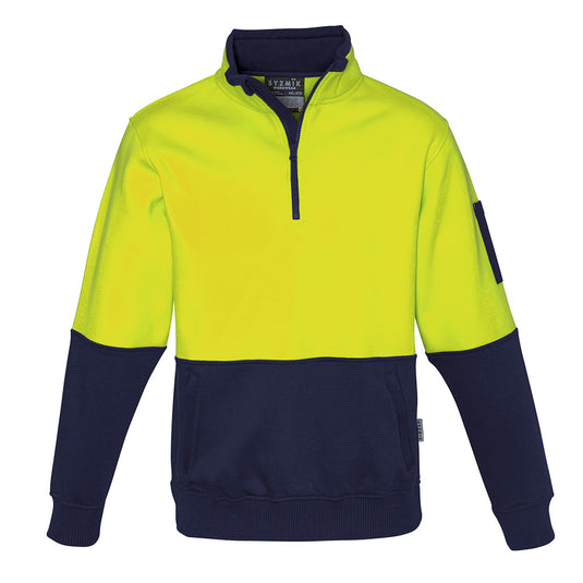 Syzmik Hi Vis Half Zip Pullover Jumper featuring a half-zip design, kangaroo pockets with zips, and a chin guard, ideal for safety and comfort in workplace settings.