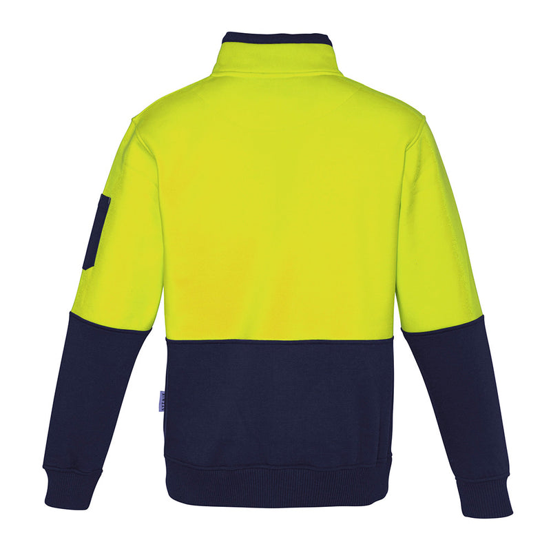 Load image into Gallery viewer, Syzmik Hi Vis Half Zip Pullover Jumper, featuring a warm fleece lining and practical kangaroo pockets, ideal for cold days. Designed with a chin guard and woven pen partition for workplace efficiency.