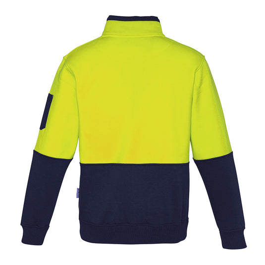 Syzmik Hi Vis Half Zip Pullover Jumper, featuring a warm fleece lining and practical kangaroo pockets, ideal for cold days. Designed with a chin guard and woven pen partition for workplace efficiency.