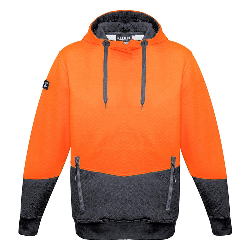 Load image into Gallery viewer, Syzmik Hi Vis Textured Jacquard Hoodie features a bright hood and sleeves with a quilted lower body, zip pockets, and ribbed cuffs, embodying Active Safety's commitment to durable and functional workwear.