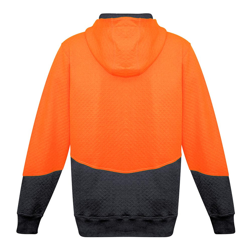 Load image into Gallery viewer, The Syzmik Hi Vis Textured Jacquard Hoodie showcases a quilted design with a distinct two-tone style, featuring a hood and shoulders, complemented by functional zippered waist pockets and ribbed cuffs.