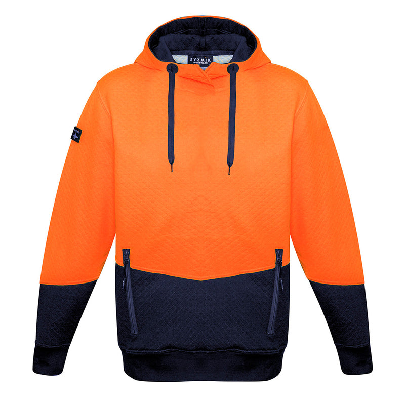 Load image into Gallery viewer, Syzmik Hi Vis Textured Jacquard Hoodie featuring a unique textured fabric with chunky drawstring, zippered waist pockets, and ribbed cuffs, ideal for safety and comfort in workplace environments.