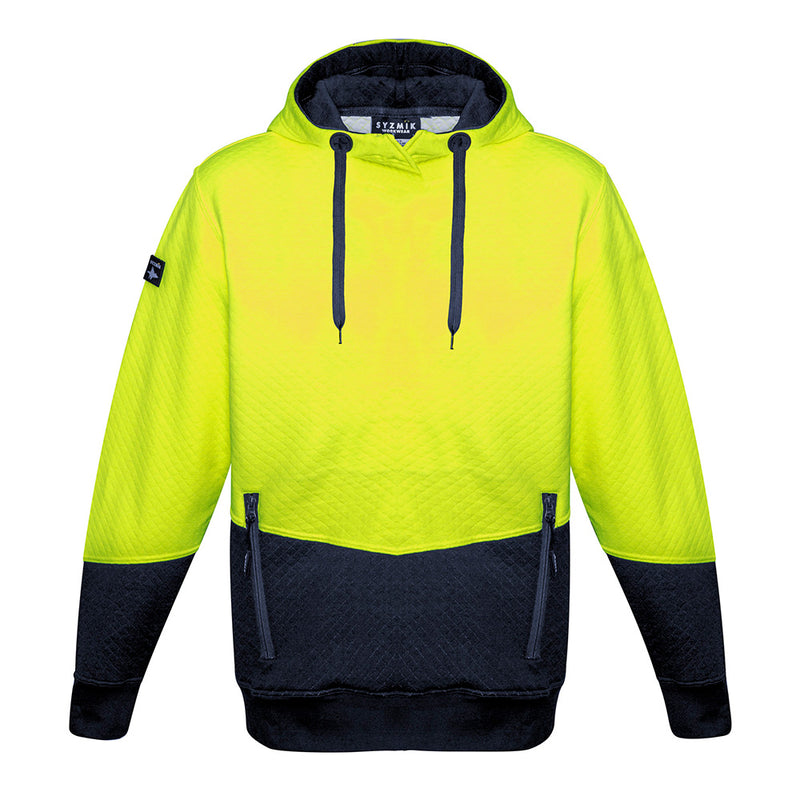 Load image into Gallery viewer, Syzmik Hi Vis Textured Jacquard Hoodie featuring a unique textured fabric, chunky drawstring, ribbed cuffs, and zipper pockets, ideal for safety-focused work environments.