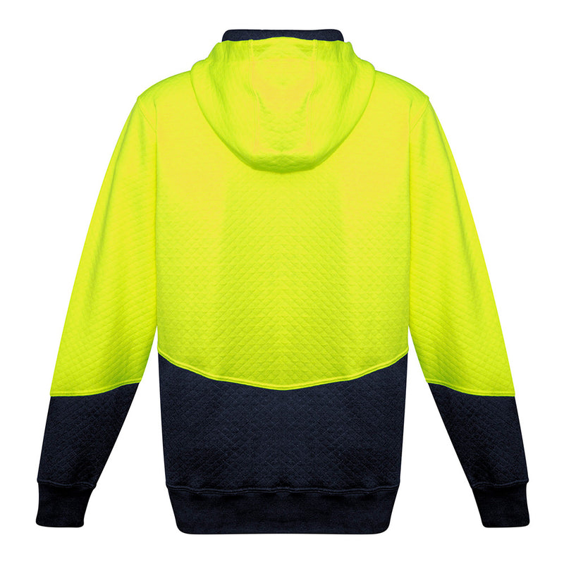 Load image into Gallery viewer, Syzmik Hi Vis Textured Jacquard Hoodie with unique fabric texture, featuring chunky drawstrings and ribbed cuffs, designed for comfort and functionality. Ideal for active safety workwear environments.