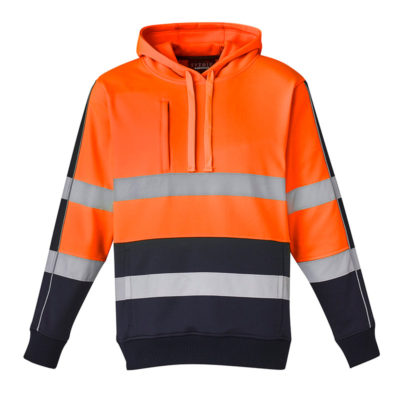 Load image into Gallery viewer, Syzmik Hi Vis Stretch Taped Hoodie showcasing reflective tape in Bio Motion configuration, microfiber lined hood, heavy-duty zippers, and a mobile phone chest pocket, ideal for safety and comfort in work environments.