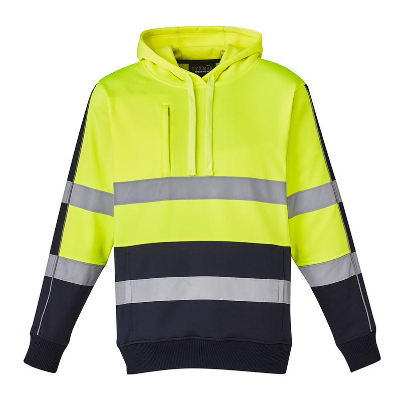 Load image into Gallery viewer, Syzmik Hi Vis Stretch Taped Hoodie featuring a yellow and grey design with reflective tape for visibility, a hood, heavy-duty zips, and a mobile phone pocket, ideal for safety and comfort.
