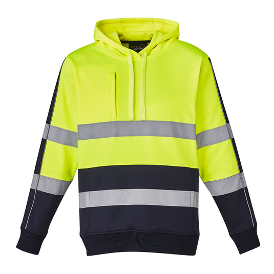 Syzmik Hi Vis Stretch Taped Hoodie featuring a yellow and grey design with reflective tape for visibility, a hood, heavy-duty zips, and a mobile phone pocket, ideal for safety and comfort.