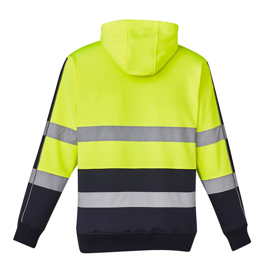 Syzmik Hi Vis Stretch Taped Hoodie featuring grey stripes, a microfiber-lined hood, reflective tape for visibility, a mobile phone pocket, and kangaroo pockets, perfect for safety and comfort in active environments.