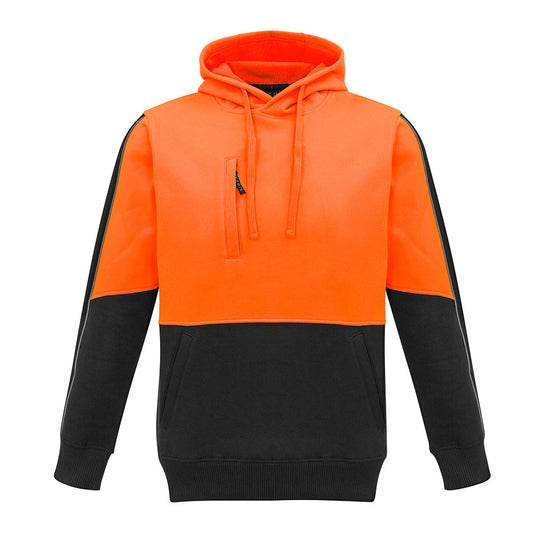 Syzmik Hi Vis Pullover Hoodie featuring a durable design with heavy-duty zips, reflective piping, and a microfiber-lined hood, ideal for safety and comfort in active work environments.