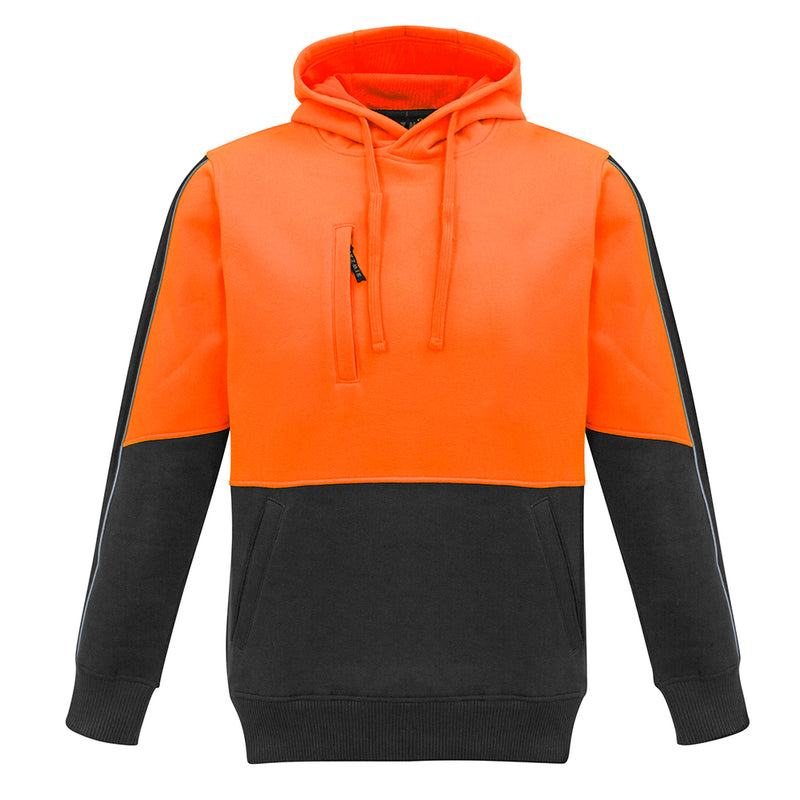 Load image into Gallery viewer, Syzmik Hi Vis Pullover Hoodie, featuring a black and orange design with a microfiber lined hood, heavy-duty zips, and reflective piping. Includes a mobile phone chest pocket and ribbed cuffs.