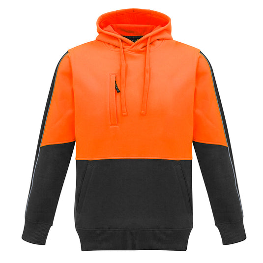 Syzmik Hi Vis Pullover Hoodie, featuring a black and orange design with a microfiber lined hood, heavy-duty zips, and reflective piping. Includes a mobile phone chest pocket and ribbed cuffs.
