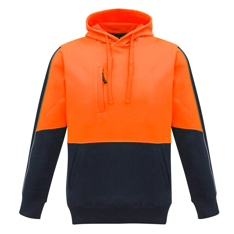 Load image into Gallery viewer, Syzmik Hi Vis Pullover Hoodie with microfiber-lined hood, heavy-duty zips, and reflective piping, designed for safety and comfort in work environments. Features mobile phone chest pocket and hand-warming pockets.