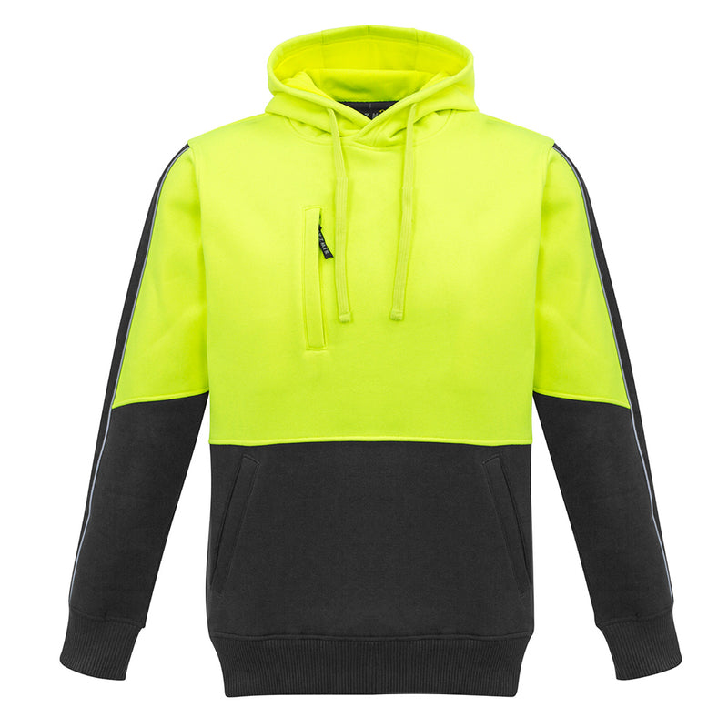 Load image into Gallery viewer, Syzmik Hi Vis Pullover Hoodie featuring black sleeves, a microfiber-lined hood, and a mobile phone chest pocket with reflective piping, designed for safety and comfort during work activities.