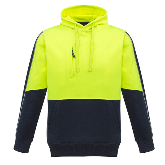 Syzmik Hi Vis Pullover Hoodie featuring a yellow and black design, microfiber lined hood, heavy-duty zips, and reflective piping, ideal for workplace safety and comfort.