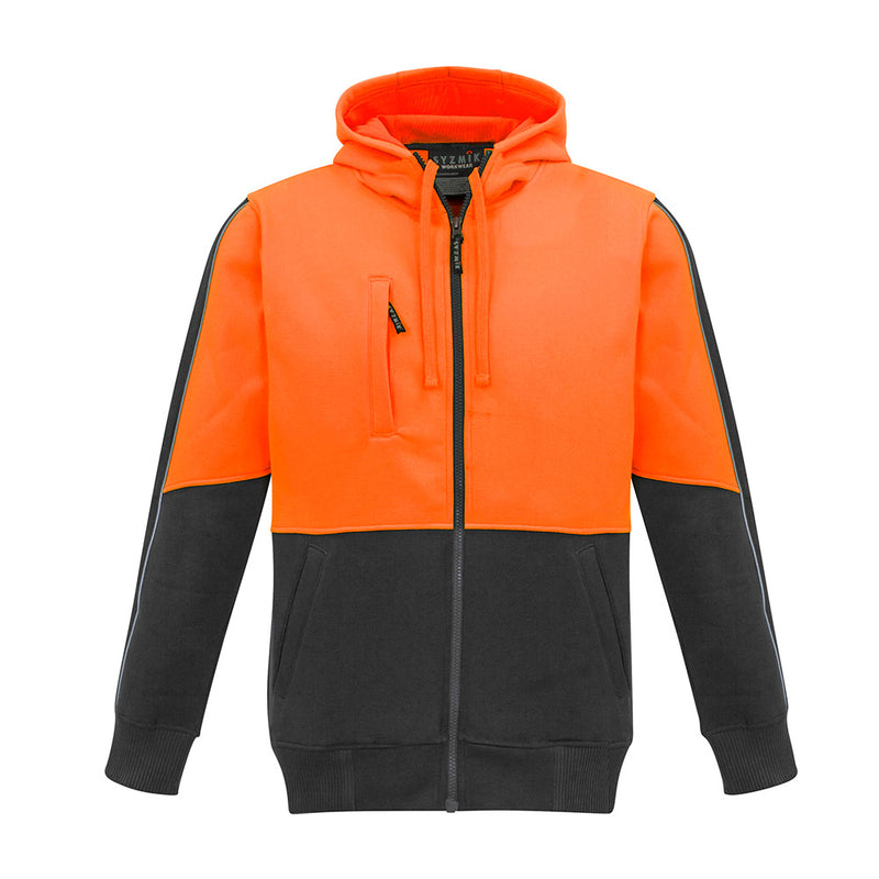 Load image into Gallery viewer, Syzmik Hi Vis Full Zip Hoodie featuring a warm polyester fleece, microfiber lined hood, heavy-duty zips, reflective piping, and multiple pockets, ideal for safety and comfort in active work environments.