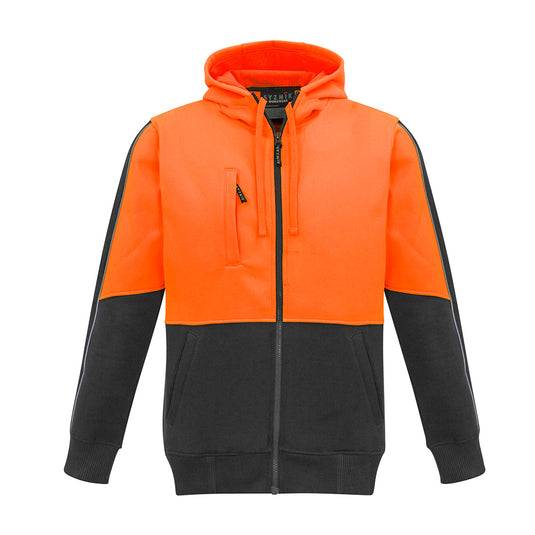 Syzmik Hi Vis Full Zip Hoodie featuring a warm polyester fleece, microfiber lined hood, heavy-duty zips, reflective piping, and multiple pockets, ideal for safety and comfort in active work environments.