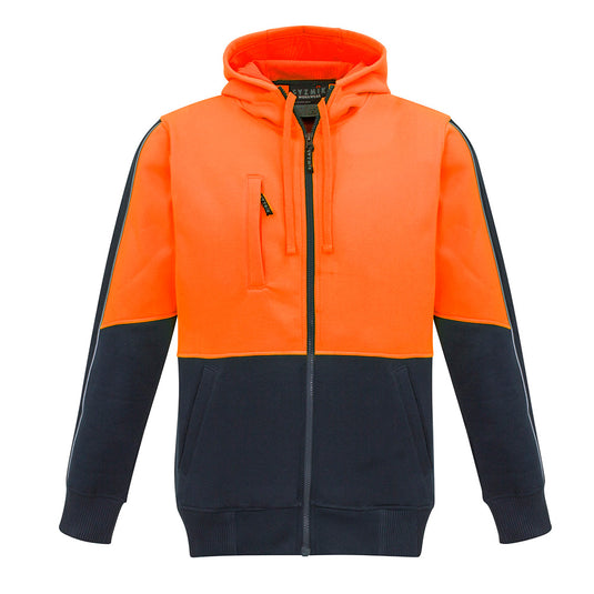 Syzmik Hi Vis Full Zip Hoodie featuring a hood, heavy-duty zips, chest pocket, and ribbed cuffs, designed for comfort and utility in safety and work environments.