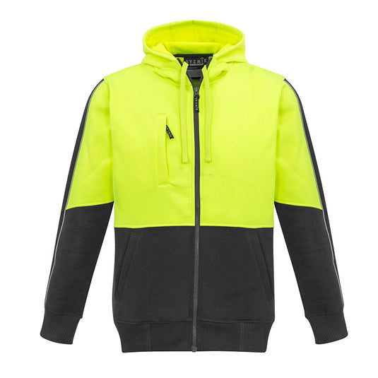 Syzmik Hi Vis Full Zip Hoodie features a heavy-duty zipper, reflective piping, and a mobile phone chest pocket. Designed for comfort with a microfiber lined hood and ribbed cuffs, ideal for safety and workwear.
