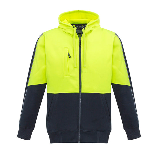 Syzmik Hi Vis Full Zip Hoodie featuring heavy-duty zips, reflective piping, and a microfiber-lined hood. Designed with a mobile phone chest pocket and ribbed cuffs, ideal for safety-conscious workwear.