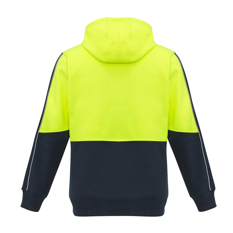 Load image into Gallery viewer, Syzmik Hi Vis Full Zip Hoodie featuring a durable design with heavy-duty zips, a microfiber lined hood, and a mobile phone chest pocket, designed for practicality and comfort in safety work environments.