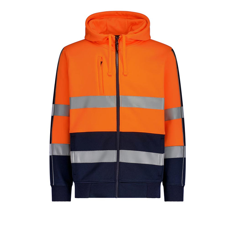 Load image into Gallery viewer, Syzmik Unisex Hi Vis Full Zip Stretch Taped Hoodie features fluorescent orange and navy colors with reflective stripes, a front zipper, hood with drawstrings, ribbed cuffs, and a zippered chest pocket for safety and convenience.
