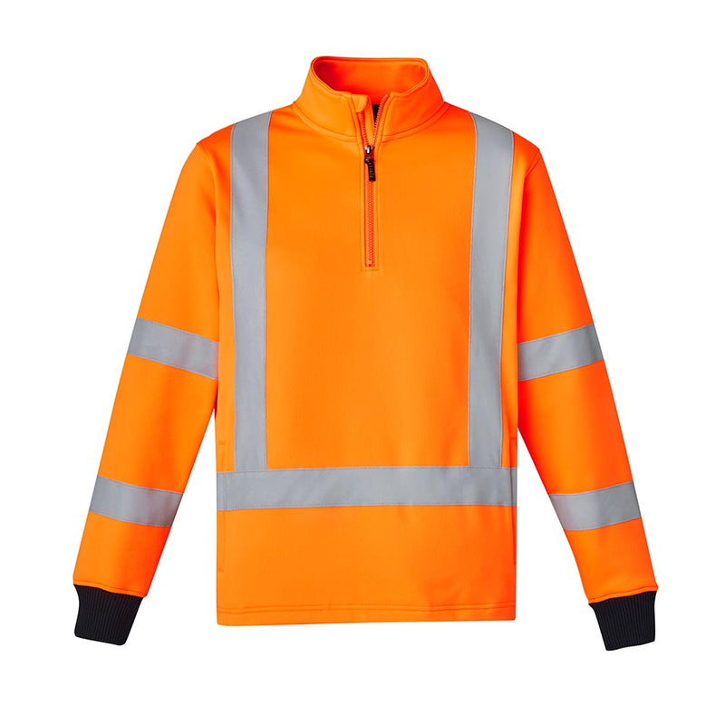 Load image into Gallery viewer, Syzmik Hi Vis X-Back Rail Jumper, Orange: A bright safety sweatshirt with reflective striping, quarter-zip collar, black knit cuffs, and zip kangaroo pockets, designed for enhanced visibility and comfort in high-risk environments.