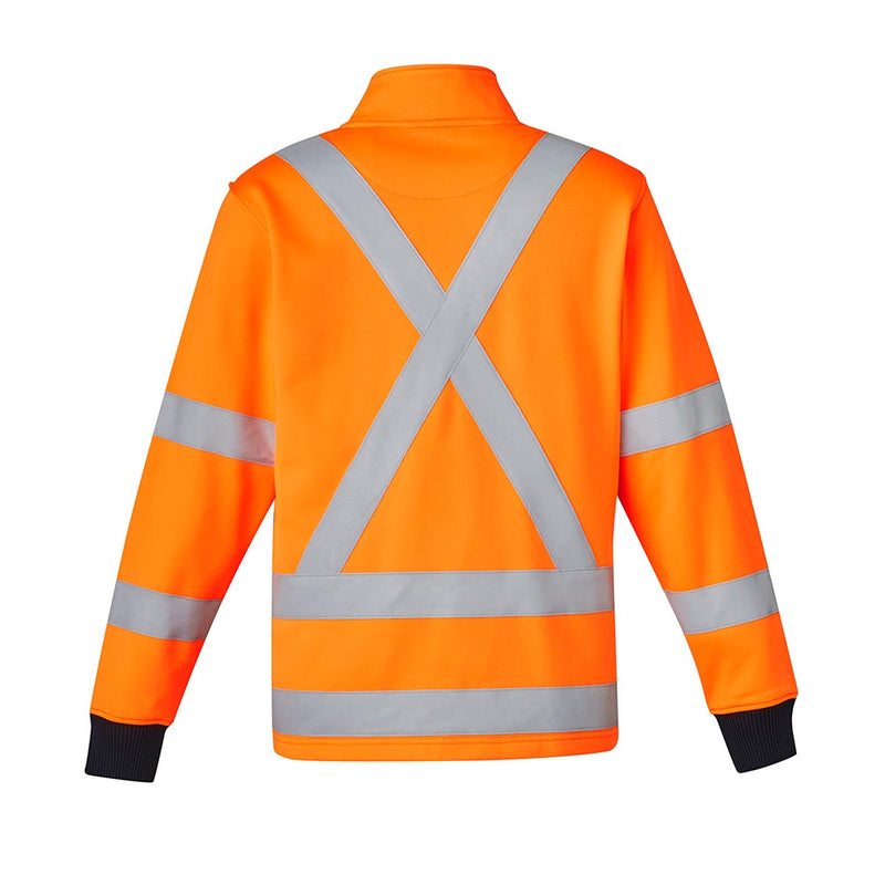 Load image into Gallery viewer, Syzmik Hi Vis X-Back Rail Jumper, Orange, features high-visibility with reflective X and horizontal striping, stand-up collar, dark knit cuffs, and zip pockets, ideal for workplace safety and comfort.