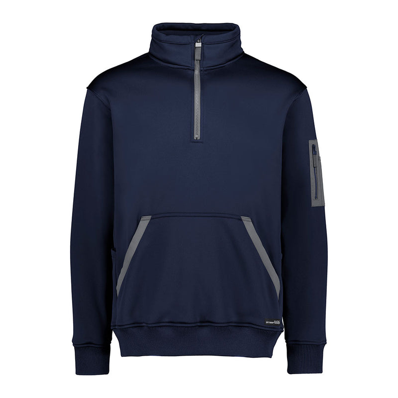 Load image into Gallery viewer, Syzmik Streetworx Water Resistant 1/4 Zip Fleece Pullover with stand-up collar, contrasting trim kangaroo pocket, and zippered sleeve pocket, ideal for warmth and rain protection in active work environments.