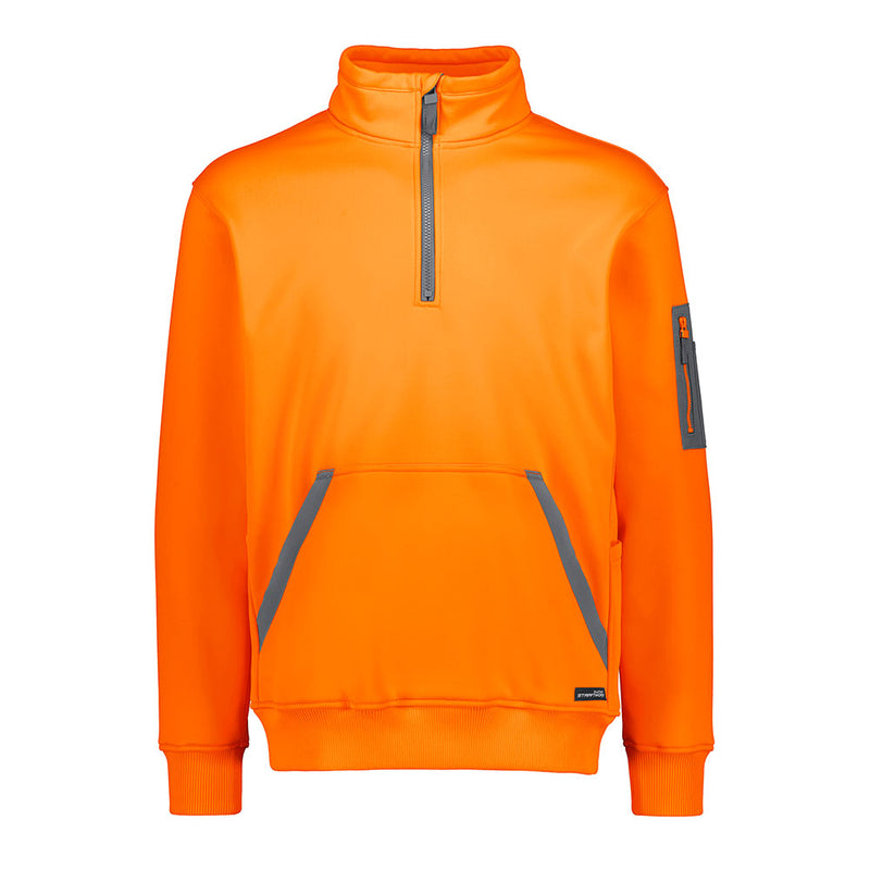 Load image into Gallery viewer, Syzmik Streetworx Water Resistant 1/4 Zip Fleece Pullover featuring a high collar, quarter-length zipper, gray-trimmed kangaroo pouch, and zippered sleeve pocket, designed for durability and weather resistance.