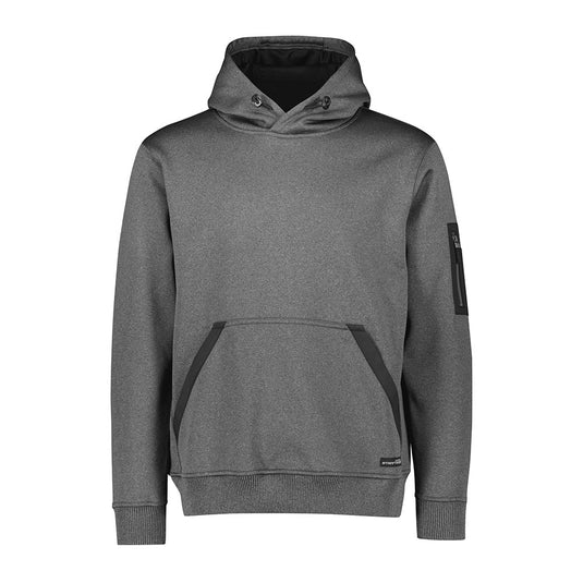 Syzmik Streetworx Water Resistant Hoodie featuring a hood, zippered kangaroo pockets, and a contrast arm pocket. Designed for durability with heavy-weight ribbed cuffs and eco-friendly water resistance for active safety needs.