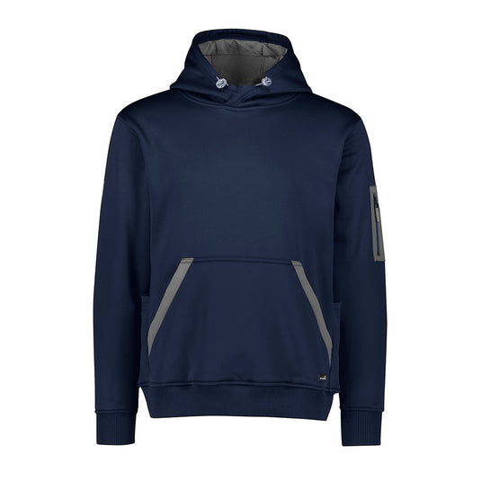 Syzmik Streetworx Water Resistant Hoodie featuring grey trim and a hood, crafted from warm, soft fleece with a contrast arm pocket and kangaroo pockets, suitable for protection in cold, wet conditions.