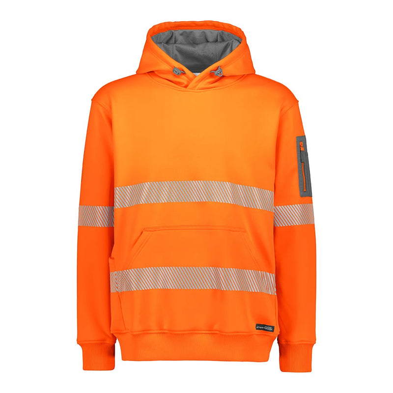 Load image into Gallery viewer, Syzmik Streetworx Hi Vis Water Resistant Taped Pullover Hoodie featuring bright orange fleece, reflective silver stripes, a kangaroo pocket, zippered sleeve pocket, and durable ribbed cuffs, ideal for safety and comfort.
