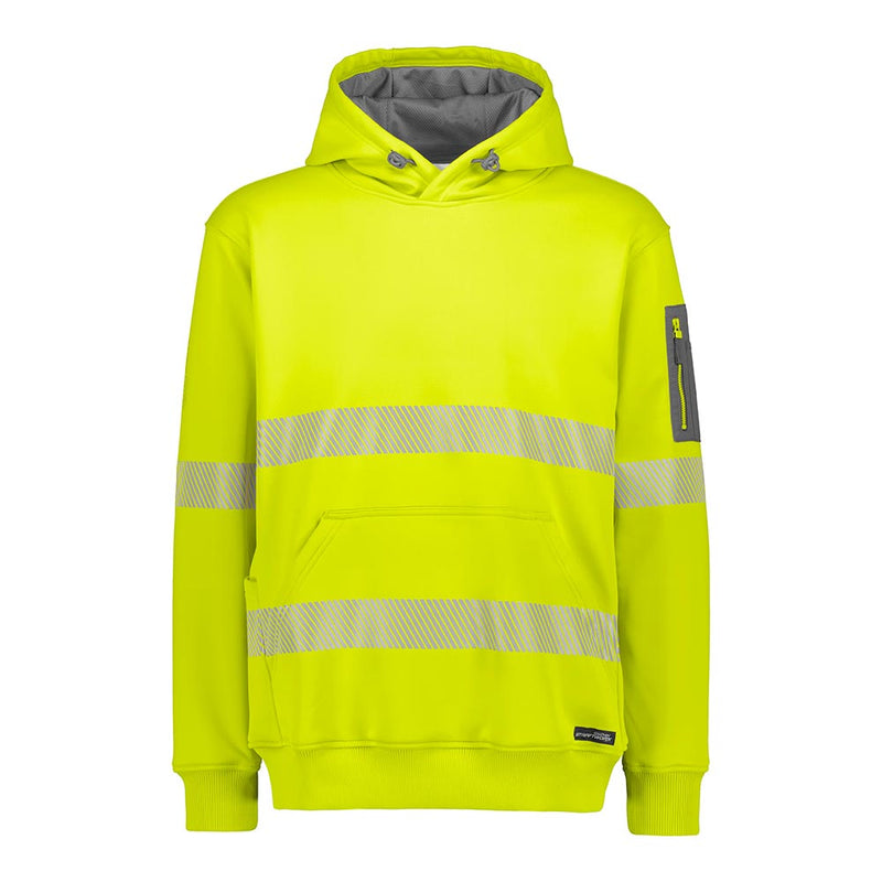 Load image into Gallery viewer, Syzmik Streetworx Hi Vis Water Resistant Taped Pullover Hoodie with fluorescent yellow/green fleece, reflective stripes, kangaroo pocket, zippered sleeve pocket, and adjustable hood, offering warmth and rain protection.