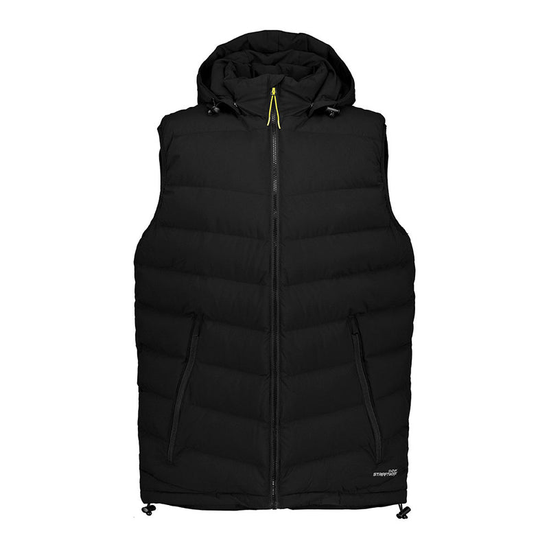 Load image into Gallery viewer, Syzmik Streetworx Hooded Puffer Vest: Black quilted sleeveless vest with hood, full-length zipper, zip-close pockets, and draw-cord adjustments. Features durable, water-resistant fabric and warm polyester fill for safety-focused workwear.