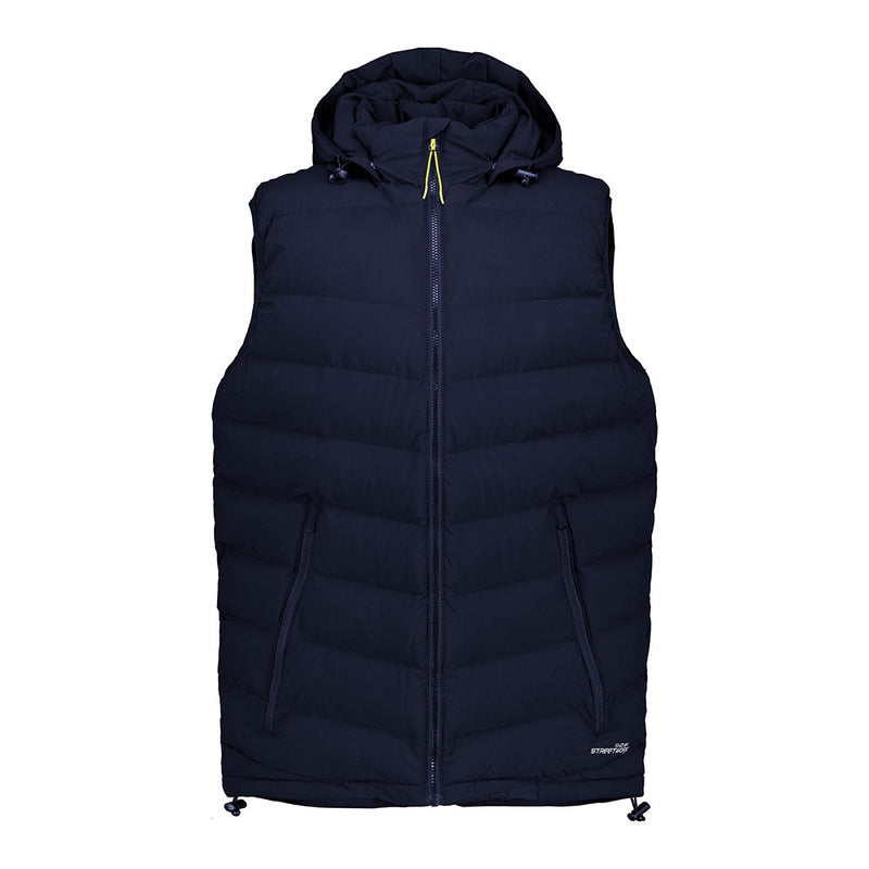 Load image into Gallery viewer, Syzmik Streetworx Hooded Puffer Vest features a quilted design with a front zipper, zip-close pockets, and a detachable hood, offering durability and water resistance, ideal for safety-focused work environments.