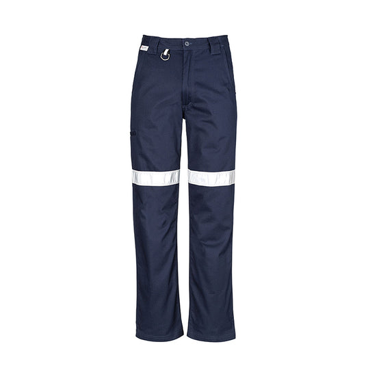 Syzmik Mens Taped Utility Pant, Stout, features durable 100% cotton twill with reflective tape, reinforced heel and pocket patches, wide belt loops, and triple-stitched seams, ideal for safety and work environments.