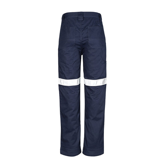 Syzmik Mens Taped Utility Pant, Stout, showcases durable 100% cotton twill with reinforced heel and pocket patches, reflective tape, triple-stitched seams, and a discrete side welt pocket, ideal for rugged work environments.