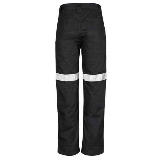 Syzmik Taped Utility Pant featuring white stripes, reflective tape, reinforced heel and pocket patches, and wide belt loops, ideal for durability and functionality in demanding work environments.