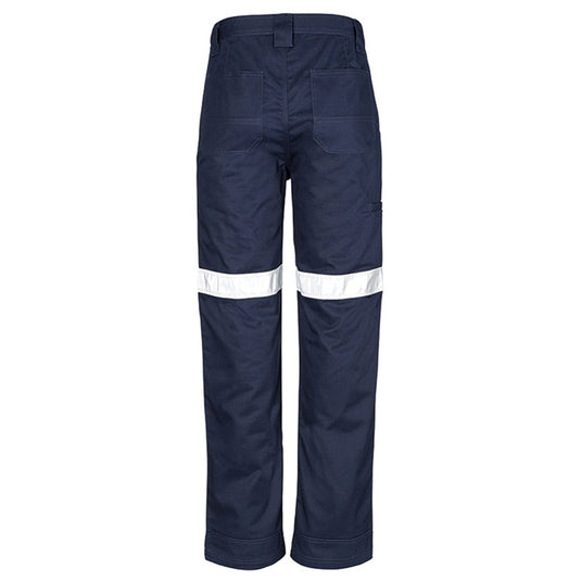 Syzmik Taped Utility Pant featuring white stripes, reflective tape, reinforced heel and pocket patches, and wide belt loops. Ideal for durable workwear, emphasizing safety and functionality.