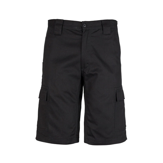 Syzmik Drill Cargo Short showcasing multiple pockets, inset crotch panel, and triple stitched seams for durability, designed for active workplace environments, ideal for safety and utility.