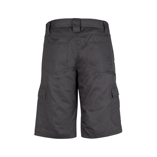 Syzmik Drill Cargo Short featuring a robust design with multiple pockets, wide belt loops, and triple-stitched seams, ideal for work environments; crafted from durable, mid-weight cotton twill for enhanced comfort and toughness.