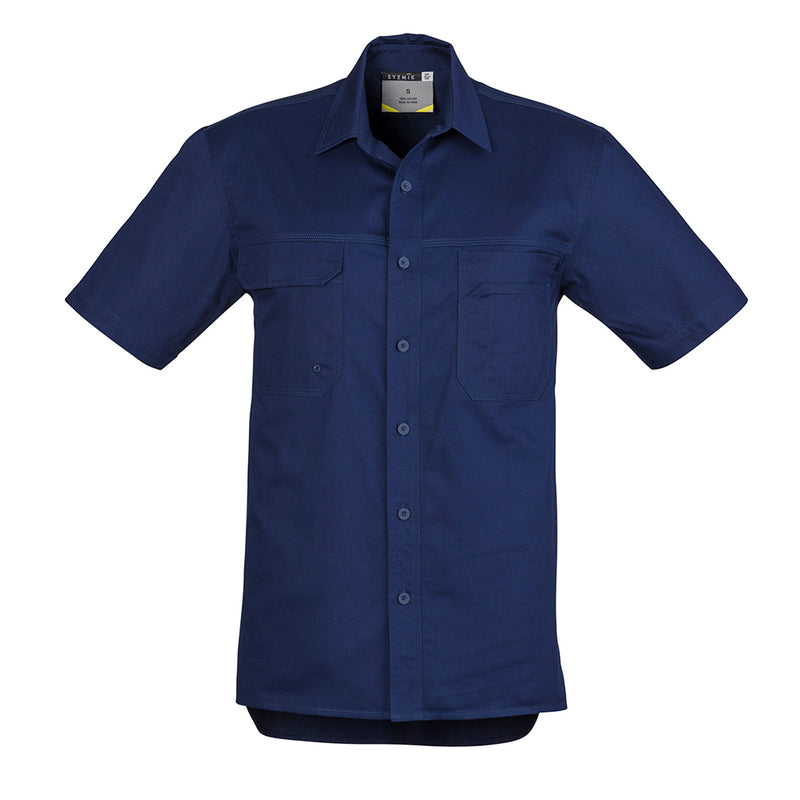 Load image into Gallery viewer, Syzmik Lightweight Tradie Work Shirt showcasing short sleeves and three chest pockets, including a mobile phone pocket, ideal for staying cool in hot environments with its underarm vent eyelets.